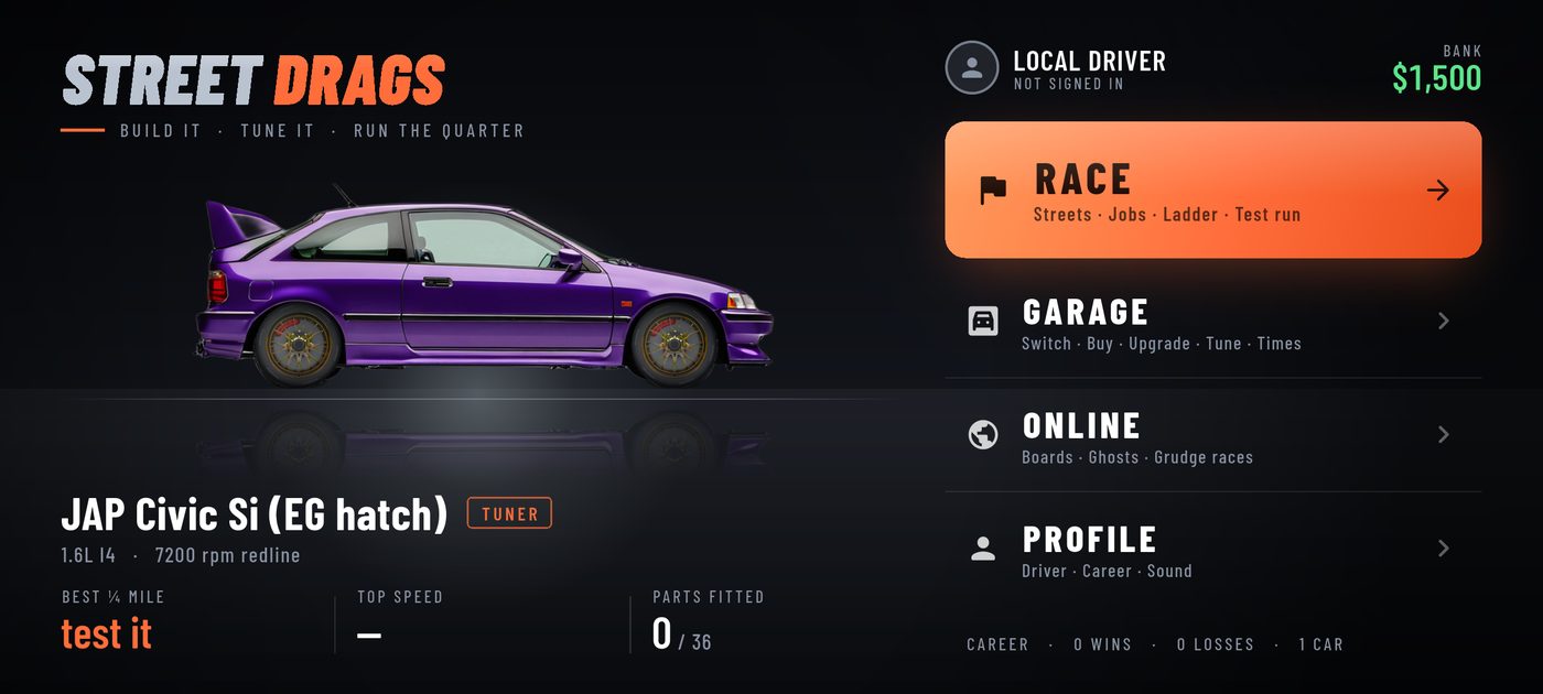 The Street Drags main menu, showing a purple Civic Si hatch in the garage.