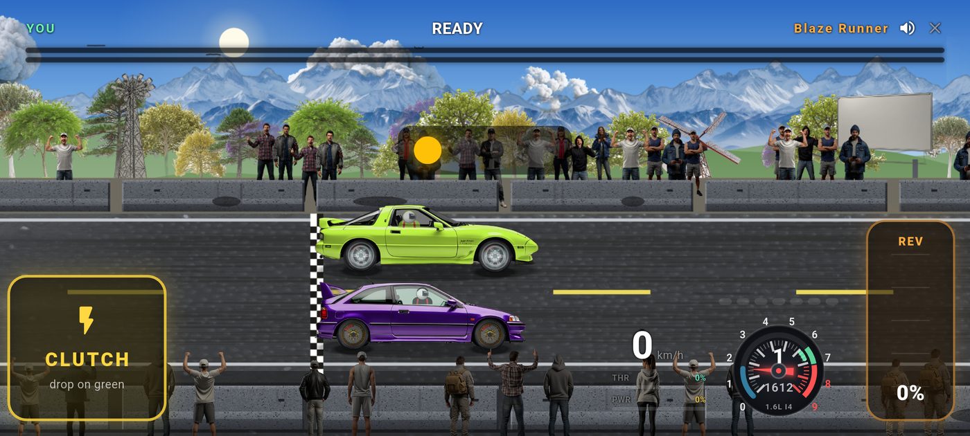 Two cars staged at the line, with clutch and rev controls on screen.