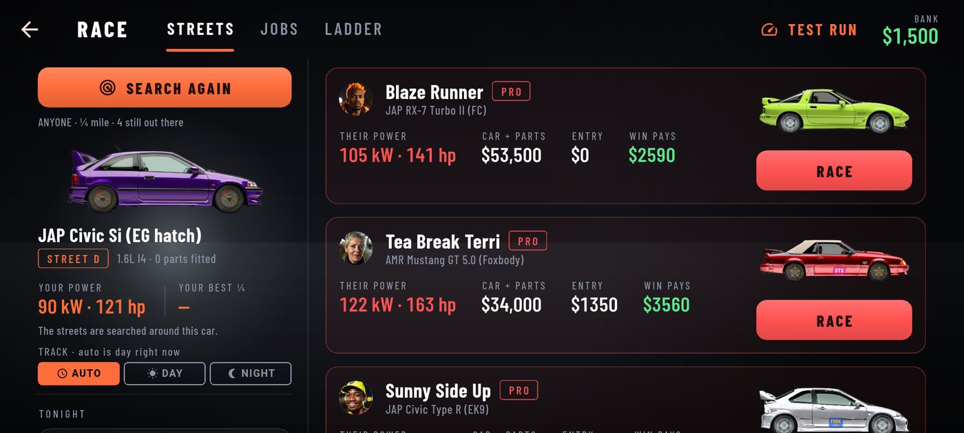 A list of rival drivers with their cars, power figures and payouts.