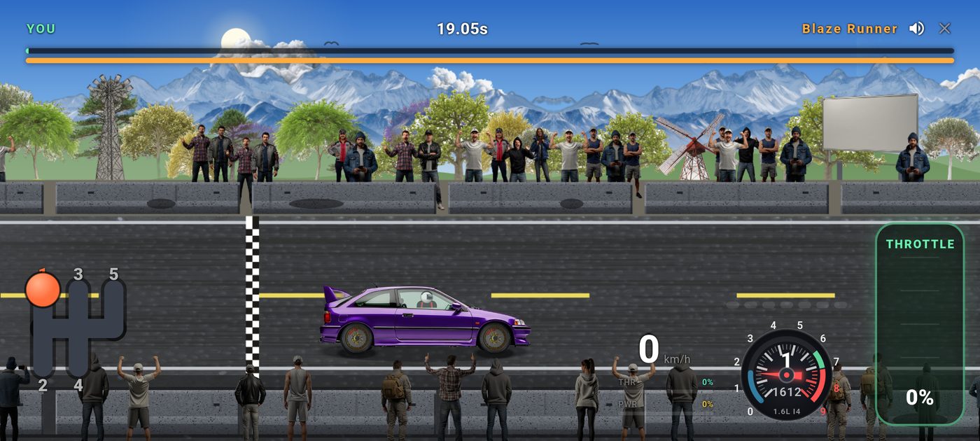 Mid-run, showing the H-pattern gear shifter and throttle control.