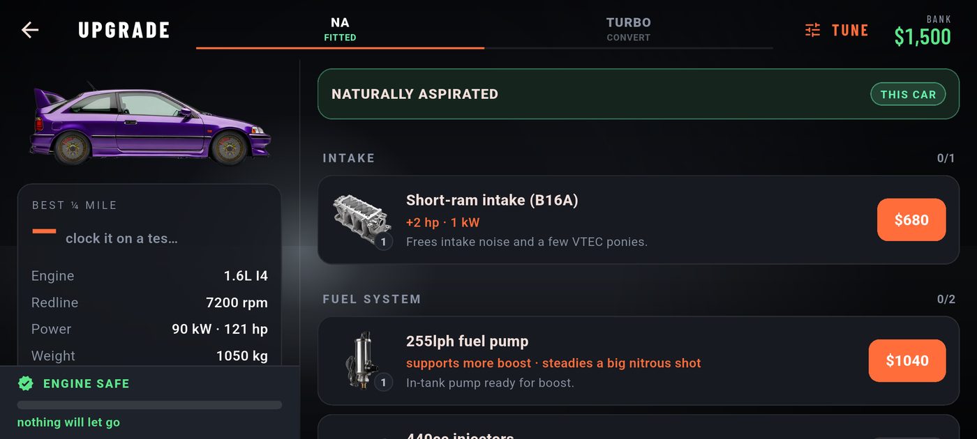 The upgrade screen listing intake and fuel system parts with prices.