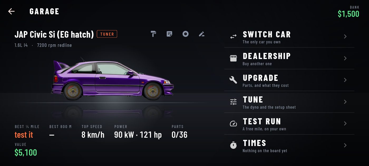 The garage screen showing the car's power, weight and best quarter mile.